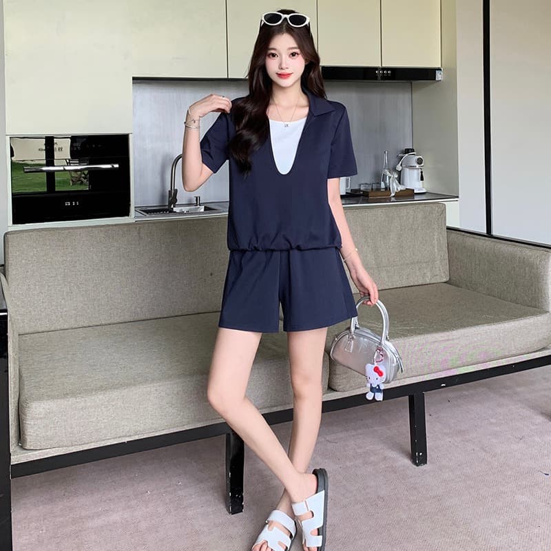 실사 2026 이른 가을 새로운 지방 mm 빅 사이즈 여성 레저 배색 페이크 레이어드 반팔 하이웨이스트 반바지 세트 이미지 5