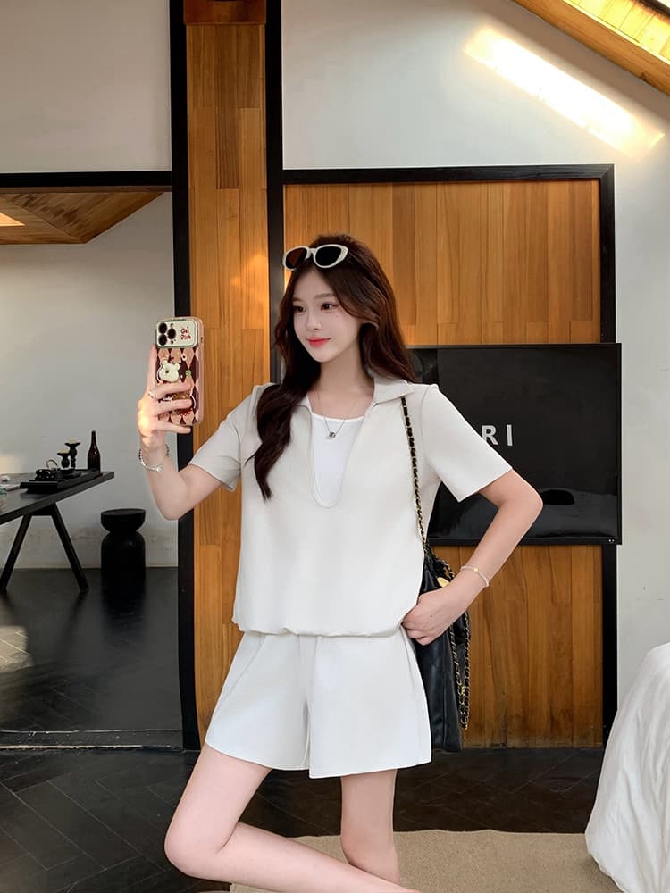 실사 2026 이른 가을 새로운 지방 mm 빅 사이즈 여성 레저 배색 페이크 레이어드 반팔 하이웨이스트 반바지 세트 상세 이미지 6