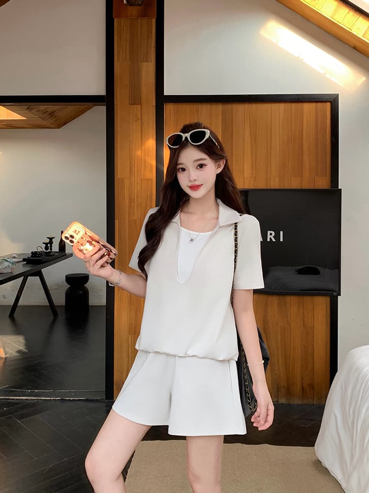 실사 2026 이른 가을 새로운 지방 mm 빅 사이즈 여성 레저 배색 페이크 레이어드 반팔 하이웨이스트 반바지 세트 상세 이미지 8