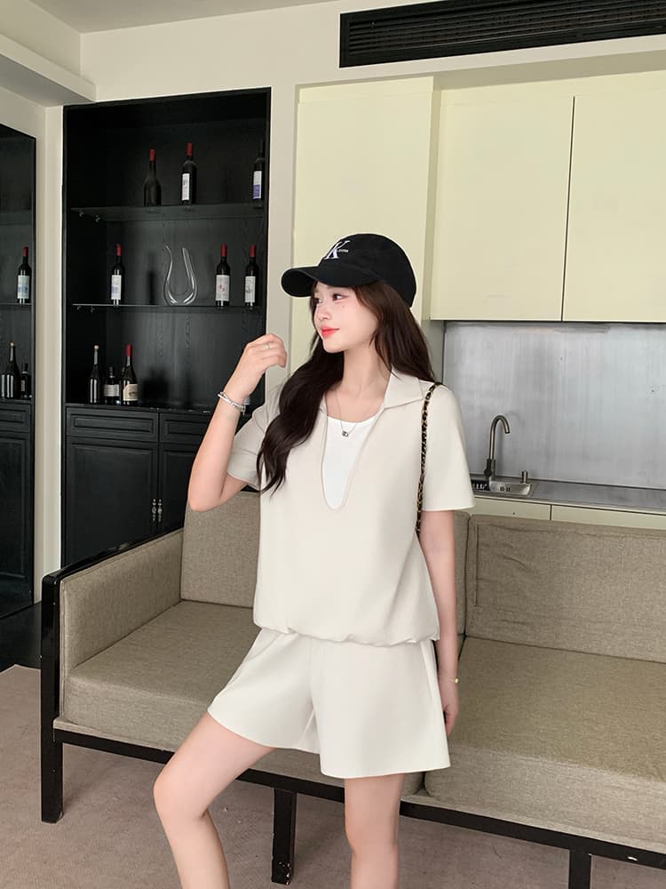 실사 2026 이른 가을 새로운 지방 mm 빅 사이즈 여성 레저 배색 페이크 레이어드 반팔 하이웨이스트 반바지 세트 상세 이미지 16