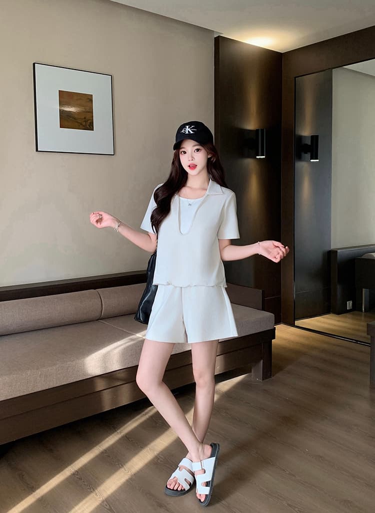 실사 2026 이른 가을 새로운 지방 mm 빅 사이즈 여성 레저 배색 페이크 레이어드 반팔 하이웨이스트 반바지 세트 상세 이미지 19