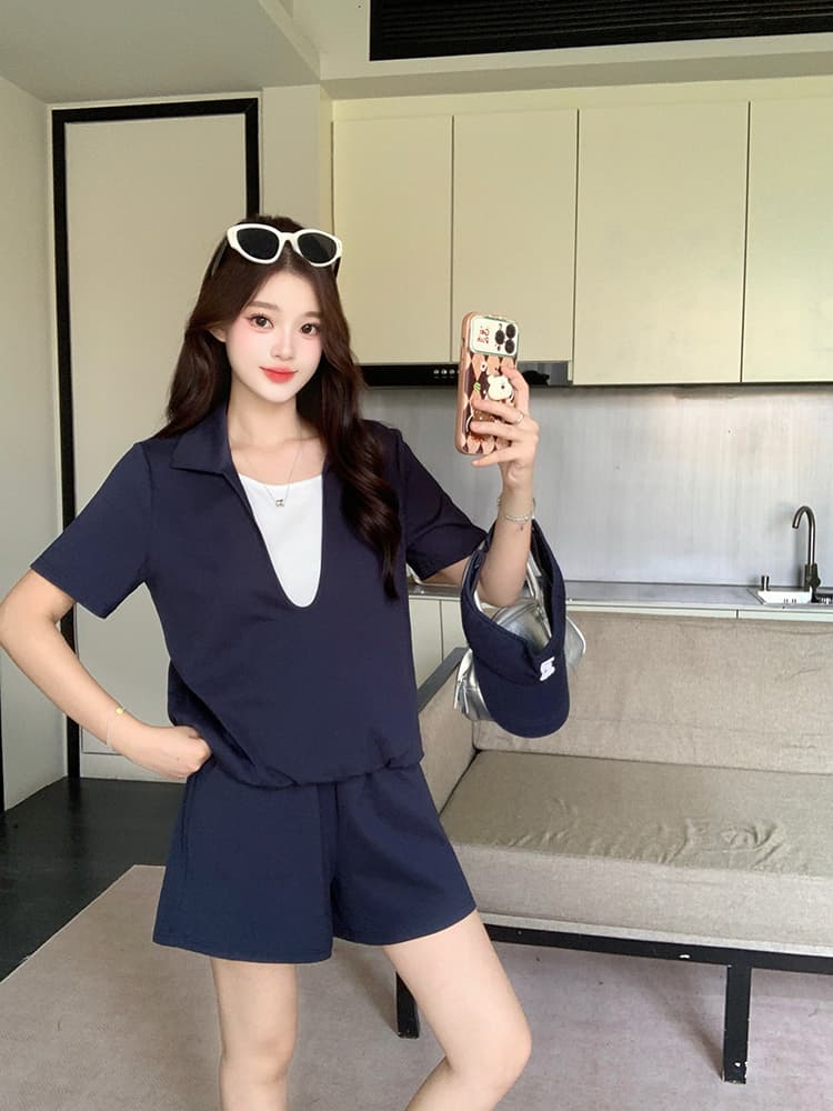 실사 2026 이른 가을 새로운 지방 mm 빅 사이즈 여성 레저 배색 페이크 레이어드 반팔 하이웨이스트 반바지 세트 상세 이미지 23