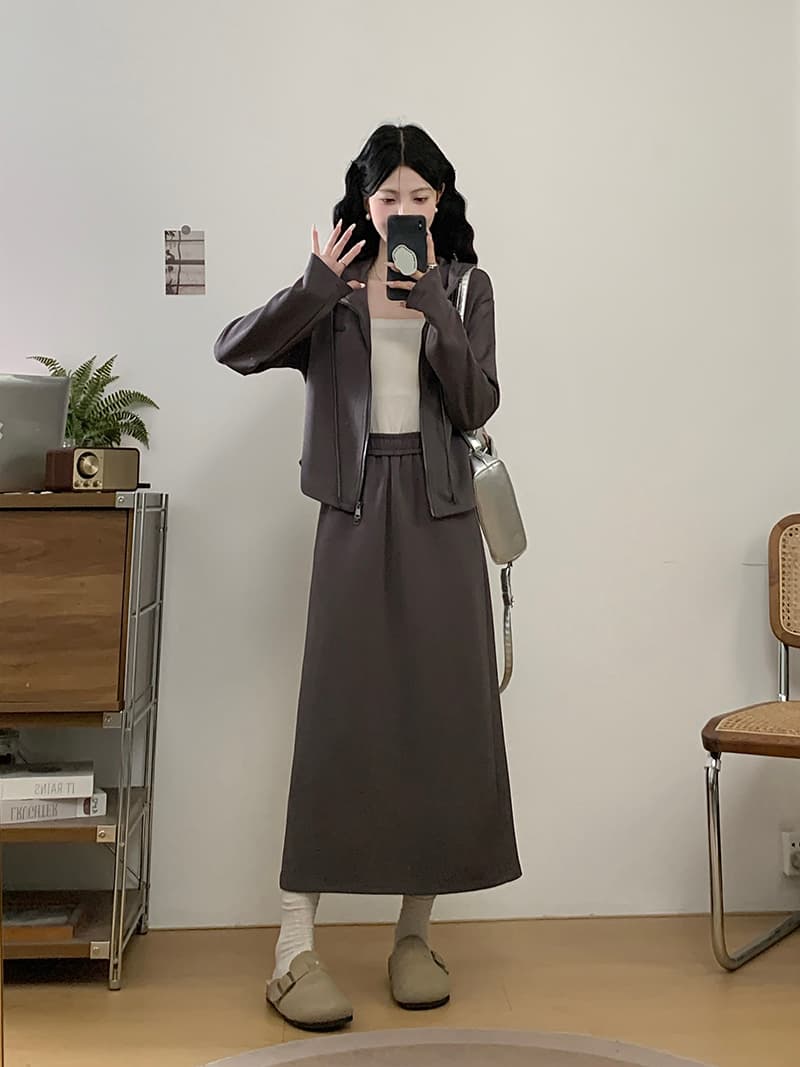 실사 2026 가을 의상 새로운 지방 mm 빅 사이즈 여성 레저 더블 지퍼 후드 맨위 반신 치마 세트 이미지 3