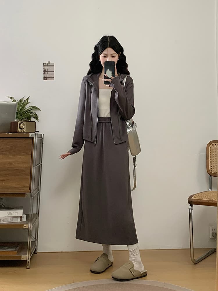 실사 2026 가을 의상 새로운 지방 mm 빅 사이즈 여성 레저 더블 지퍼 후드 맨위 반신 치마 세트 상세 이미지 9