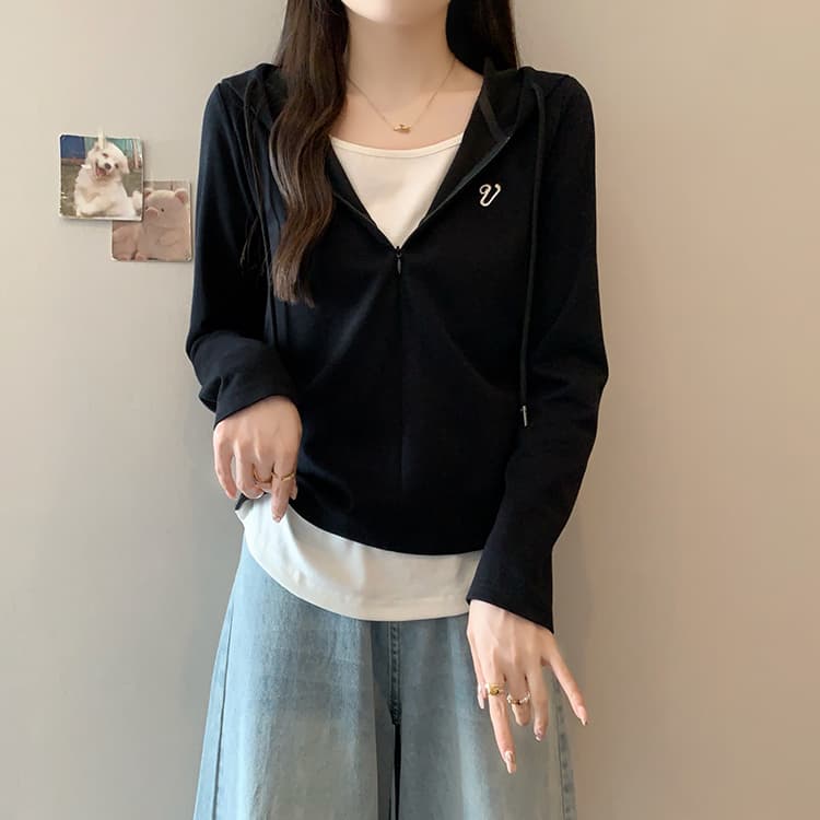 실사 2026 가을 의상 새로운 지방 mm 빅 사이즈 여성 패션 연령 감소 페이크 레이어드 펌프 로프 후드 긴팔 맨위 상세 이미지 17