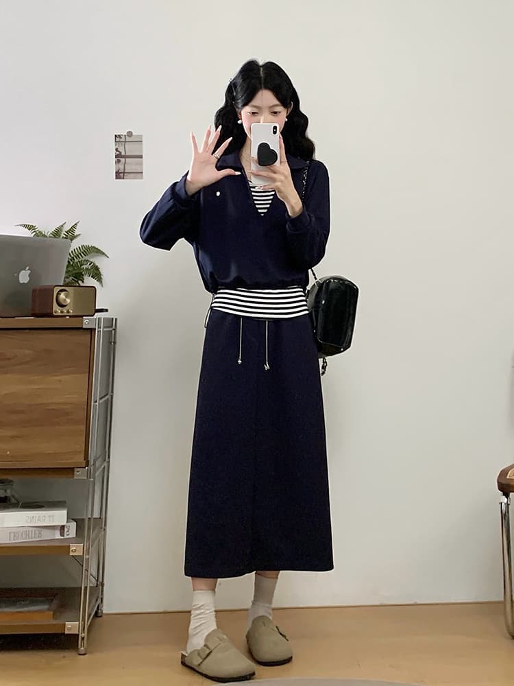 실사 2026 가을 의상 새로운 지방 mm 빅 사이즈 여성 레저 스트라이프 조끼 긴팔 맨위 반신 치마 세트 상세 이미지 15