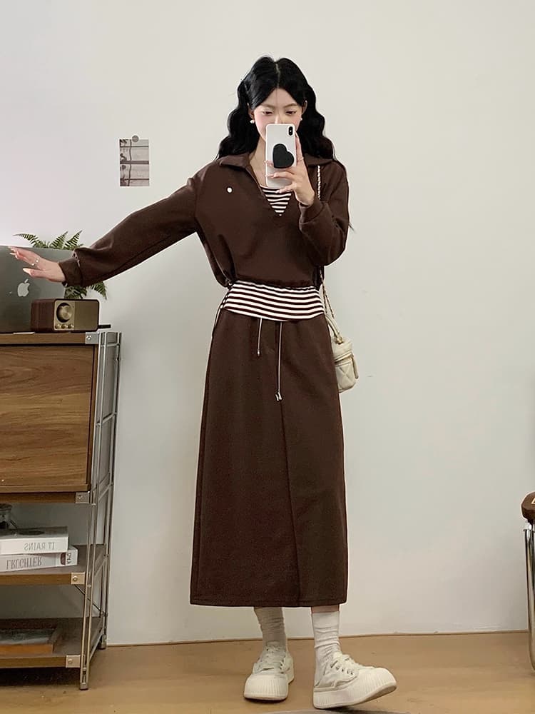 실사 2026 가을 의상 새로운 지방 mm 빅 사이즈 여성 레저 스트라이프 조끼 긴팔 맨위 반신 치마 세트 상세 이미지 21