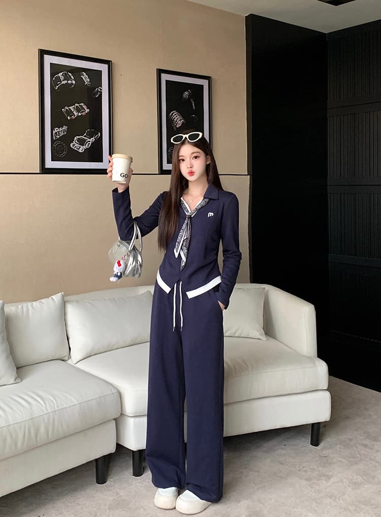 실사 2026 가을 의상 새로운 지방 mm 빅 사이즈 여성 배색 자수 리본 긴팔 맨위 와이드 레그 팬츠 세트 상세 이미지 19