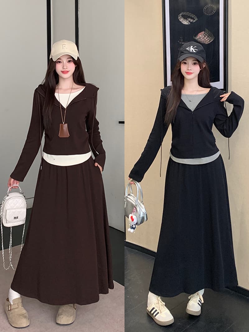 실사 2026 가을 의상 새로운 지방 mm 빅 사이즈 여성 레저 패션 배색 후드 맨위 중간 길이 반신 치마 세트