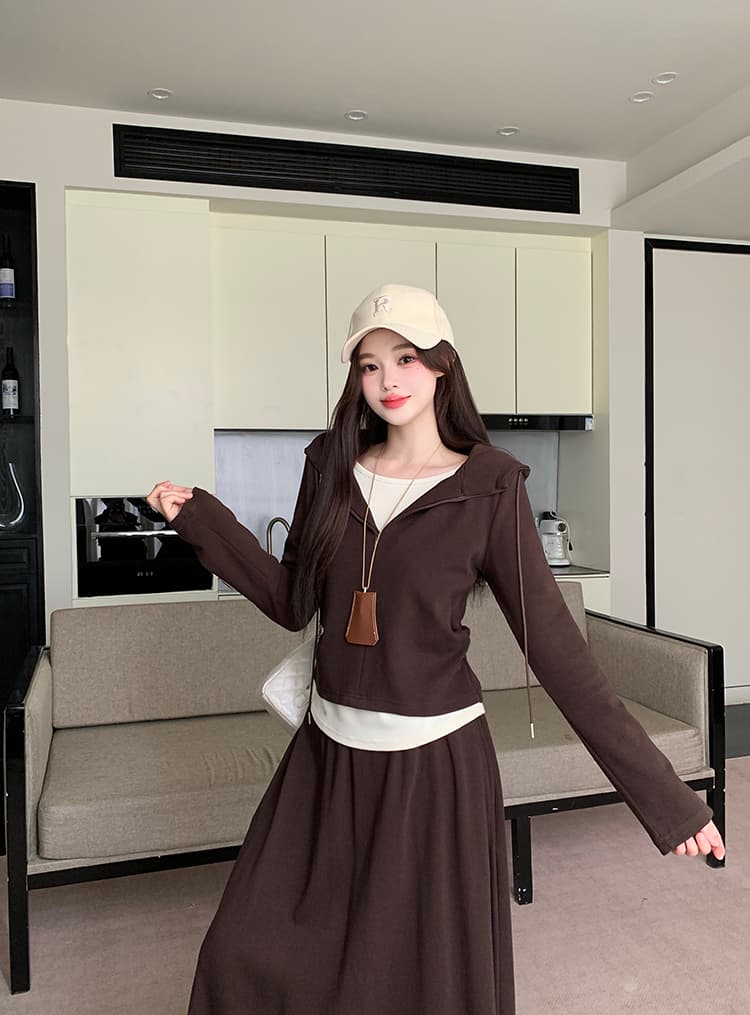 실사 2026 가을 의상 새로운 지방 mm 빅 사이즈 여성 레저 패션 배색 후드 맨위 중간 길이 반신 치마 세트 상세 이미지 5