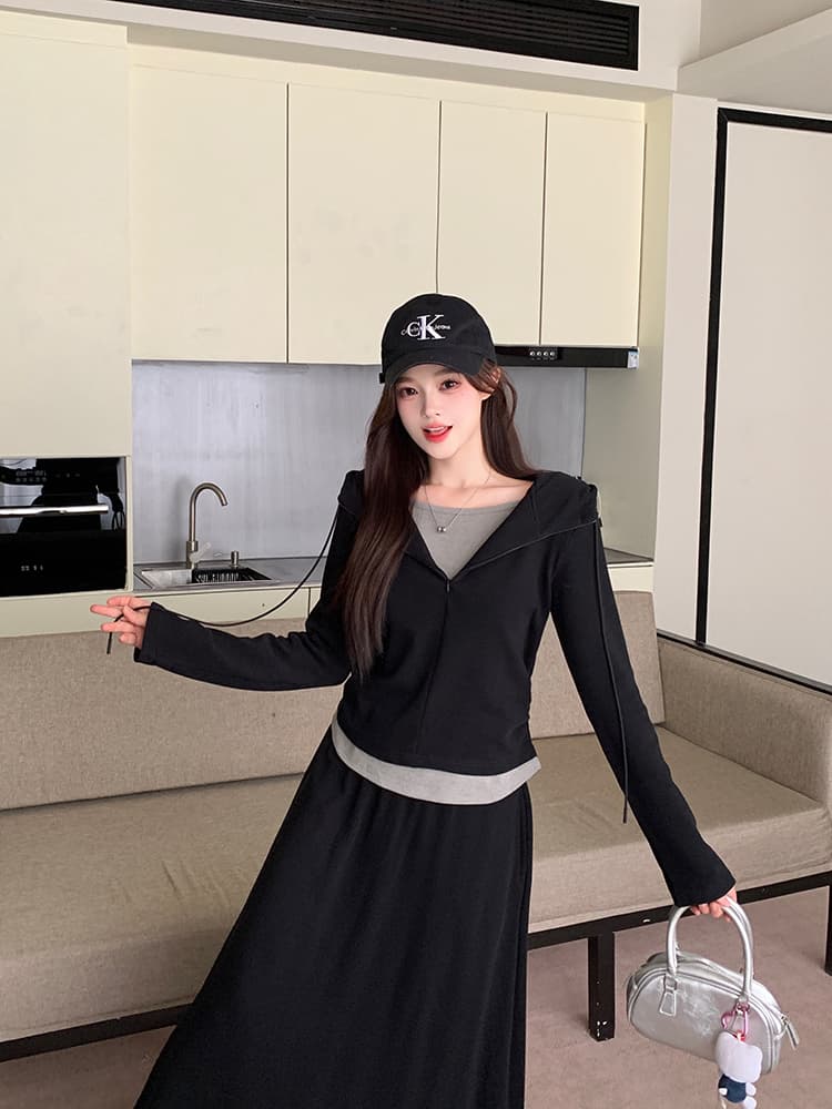 실사 2026 가을 의상 새로운 지방 mm 빅 사이즈 여성 레저 패션 배색 후드 맨위 중간 길이 반신 치마 세트 상세 이미지 20
