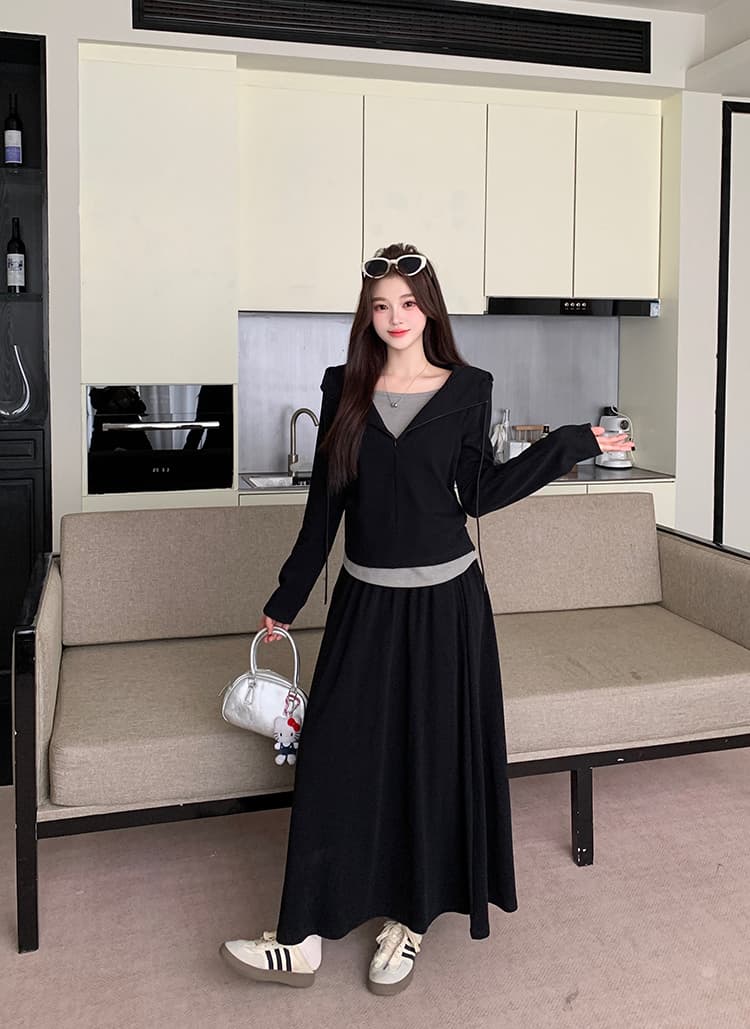 실사 2026 가을 의상 새로운 지방 mm 빅 사이즈 여성 레저 패션 배색 후드 맨위 중간 길이 반신 치마 세트 상세 이미지 21