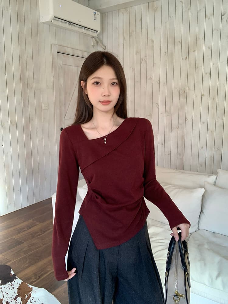 실사 2026 가을 의상 새로운 지방 mm 빅 사이즈 여성 패션 디자인 센스 비스듬한 칼라 불규칙 몸매 가꾸기 긴팔 동정 상세 이미지 4