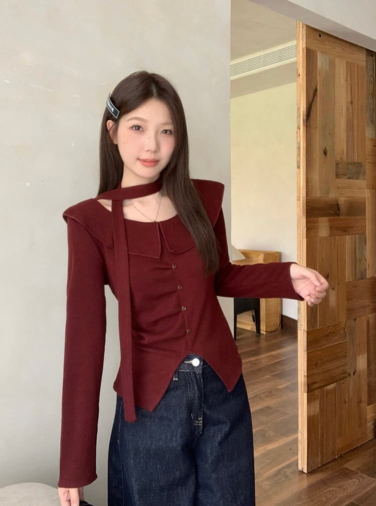 실사 2026 가을 의상 새로운 지방 mm 빅 사이즈 여성 프랑스식 순수한 욕망 프릴 리본 불규칙 긴팔 맨위 상세 이미지 21