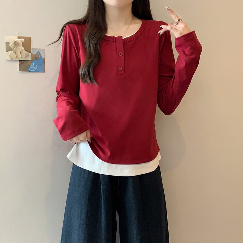 실사 2026 가을 의상 새로운 지방 mm 빅 사이즈 여성 배색 캐주얼 연령 감소 곡선 긍정적 인 어깨 긴팔 티셔츠 맨위 이미지 5