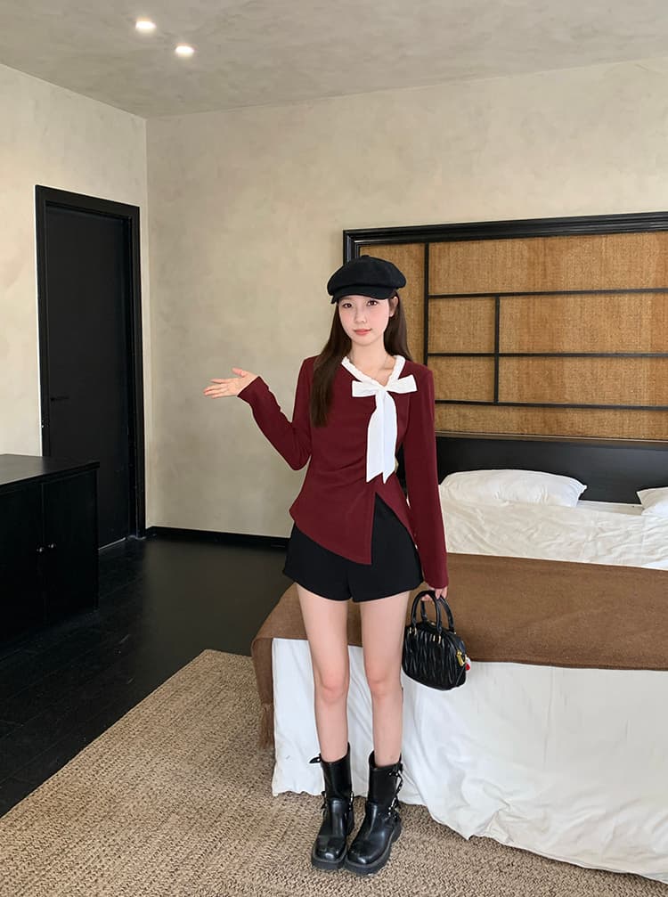 실사 2026 가을 의상 새로운 지방 mm 빅 사이즈 여성 달콤함 디자인 센스 배색 나비 매듭 불규칙 긴팔 맨위 상세 이미지 11
