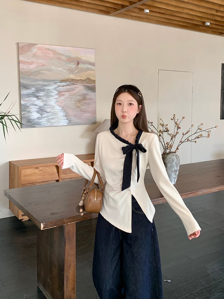실사 2026 가을 의상 새로운 지방 mm 빅 사이즈 여성 달콤함 디자인 센스 배색 나비 매듭 불규칙 긴팔 맨위 상세 이미지 21