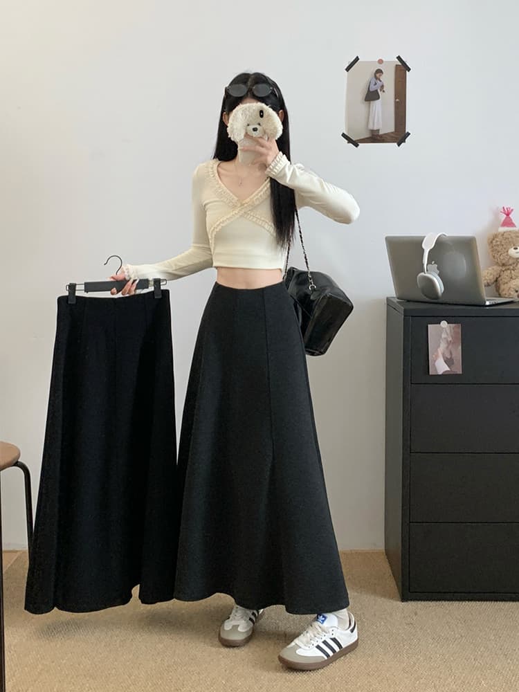실사 2026 가을 의상 새로운 지방 mm 빅 사이즈 여성 고급 센스 품격 표지 넓적 다리 슬림해 보이는 중간 길이 모직 반신 스커트 상세 이미지 3