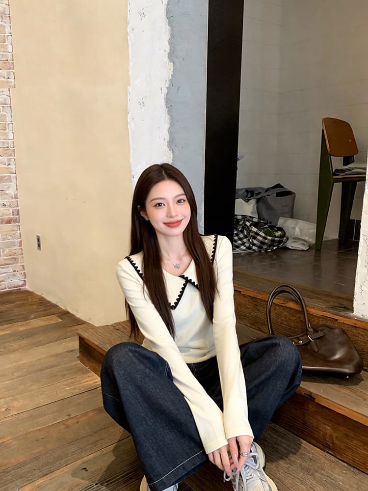 실사 2026 가을 의상 새로운 지방 mm 빅 사이즈 여성 한 부서 연령 감소 베이비 칼라 니트 레이스 긴팔 맨위 상세 이미지 8