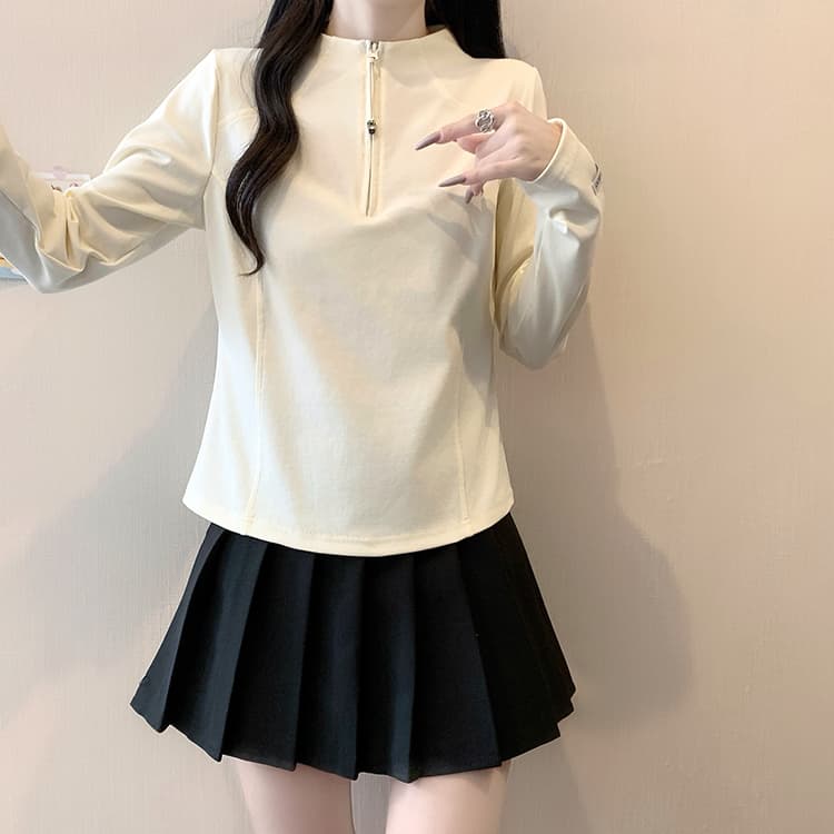 실사 2026 가을 의상 새로운 지방 mm 빅 사이즈 여성 레저 다용도 반 개방 칼라 긍정적 인 어깨 슬림해 보이는 긴팔 맨위 상세 이미지 5