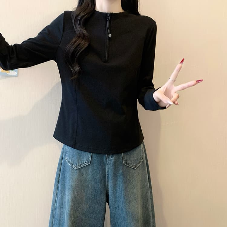 실사 2026 가을 의상 새로운 지방 mm 빅 사이즈 여성 레저 다용도 반 개방 칼라 긍정적 인 어깨 슬림해 보이는 긴팔 맨위 상세 이미지 26
