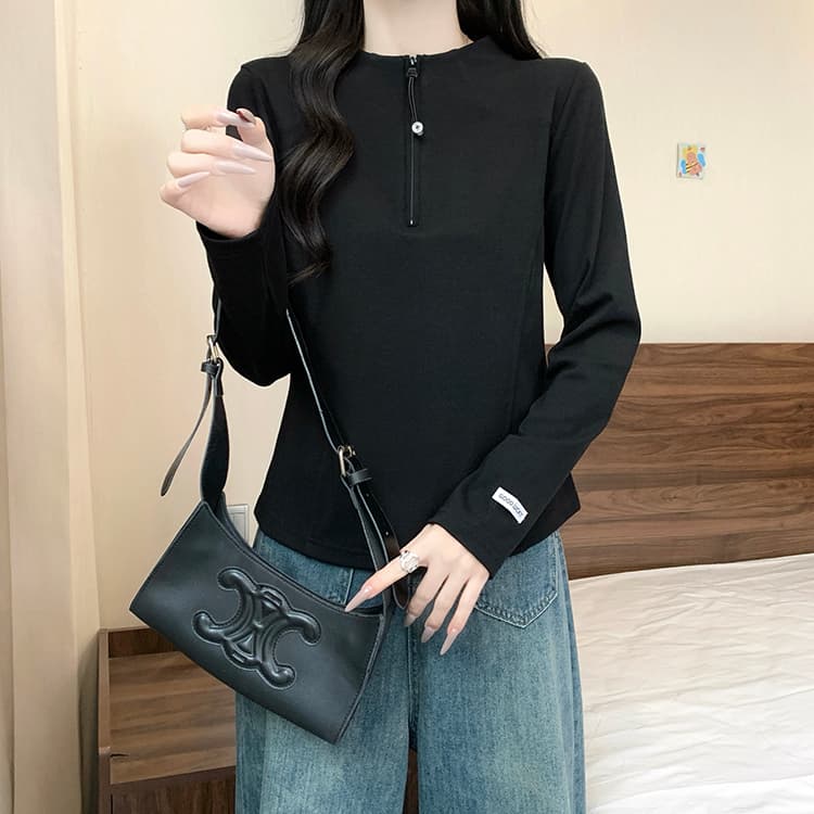 실사 2026 가을 의상 새로운 지방 mm 빅 사이즈 여성 레저 다용도 반 개방 칼라 긍정적 인 어깨 슬림해 보이는 긴팔 맨위 상세 이미지 27