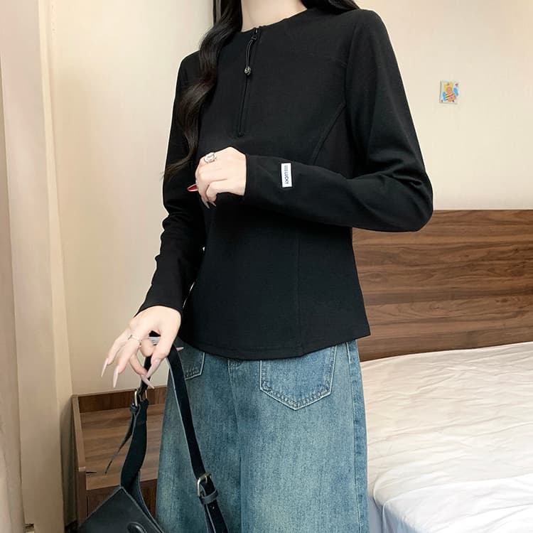 실사 2026 가을 의상 새로운 지방 mm 빅 사이즈 여성 레저 다용도 반 개방 칼라 긍정적 인 어깨 슬림해 보이는 긴팔 맨위 상세 이미지 29