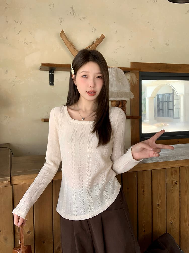실사 2026 가을 의상 새로운 지방 mm 빅 사이즈 여성 고급 센스 순수한 욕망 빛나는 불규칙 긴팔 맨위 상세 이미지 6