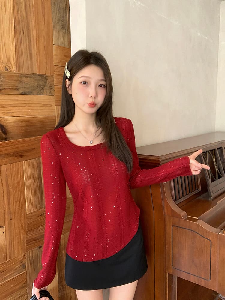 실사 2026 가을 의상 새로운 지방 mm 빅 사이즈 여성 고급 센스 순수한 욕망 빛나는 불규칙 긴팔 맨위 상세 이미지 13