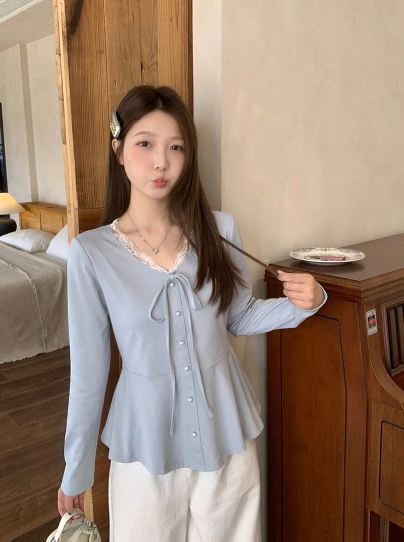 실사 2026 가을 의상 새로운 지방 mm 빅 사이즈 여성 부드러운 바람 레이스 레이스 V넥 허리 수축 슬림해 보이는 긴팔 맨위 이미지 2
