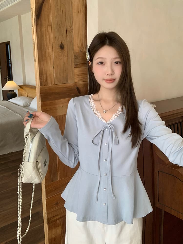 실사 2026 가을 의상 새로운 지방 mm 빅 사이즈 여성 부드러운 바람 레이스 레이스 V넥 허리 수축 슬림해 보이는 긴팔 맨위 상세 이미지 4
