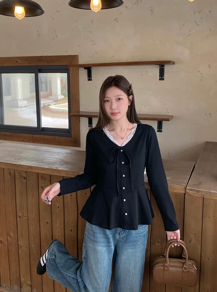 실사 2026 가을 의상 새로운 지방 mm 빅 사이즈 여성 부드러운 바람 레이스 레이스 V넥 허리 수축 슬림해 보이는 긴팔 맨위 상세 이미지 15