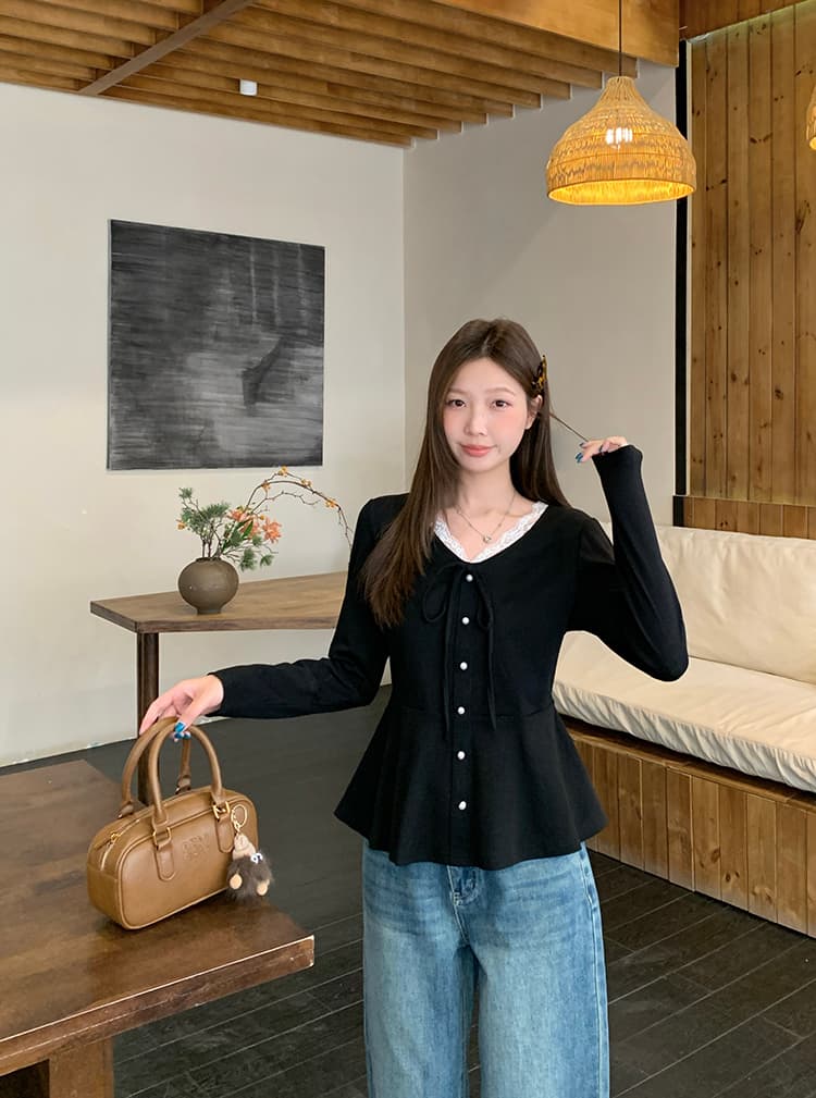 실사 2026 가을 의상 새로운 지방 mm 빅 사이즈 여성 부드러운 바람 레이스 레이스 V넥 허리 수축 슬림해 보이는 긴팔 맨위 상세 이미지 19