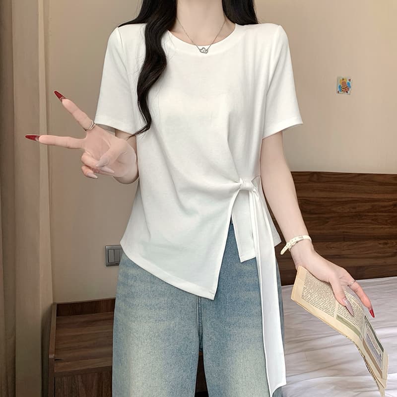 실사 2026 여름 드레스 새로운 지방 mm 빅 사이즈 여성 한 부서 품격 라운드 넥 불규칙 리본 긍정적 인 어깨 반팔 티셔츠 이미지 4