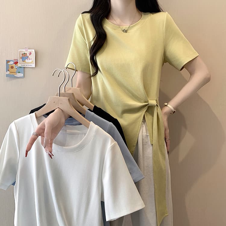 실사 2026 여름 드레스 새로운 지방 mm 빅 사이즈 여성 한 부서 품격 라운드 넥 불규칙 리본 긍정적 인 어깨 반팔 티셔츠 상세 이미지 13