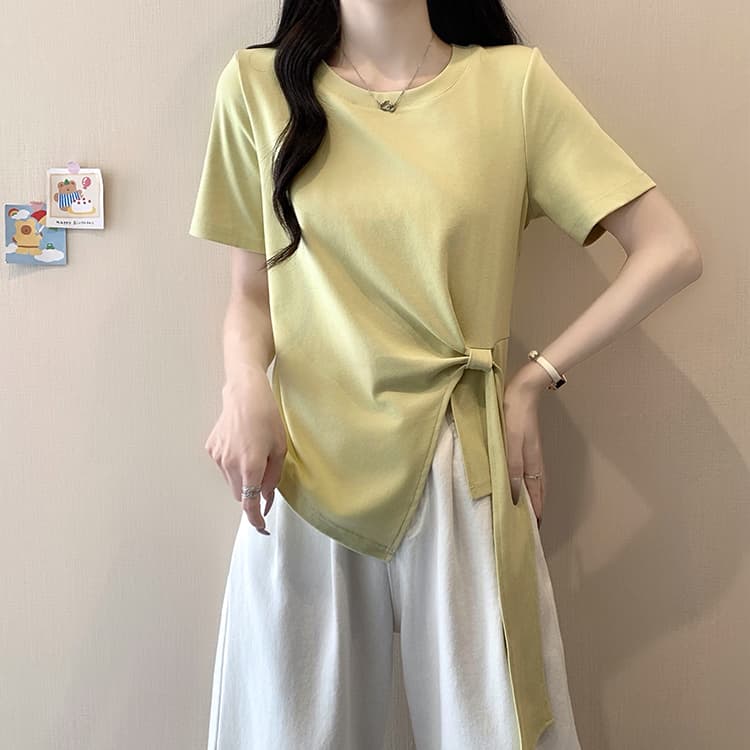실사 2026 여름 드레스 새로운 지방 mm 빅 사이즈 여성 한 부서 품격 라운드 넥 불규칙 리본 긍정적 인 어깨 반팔 티셔츠 상세 이미지 14