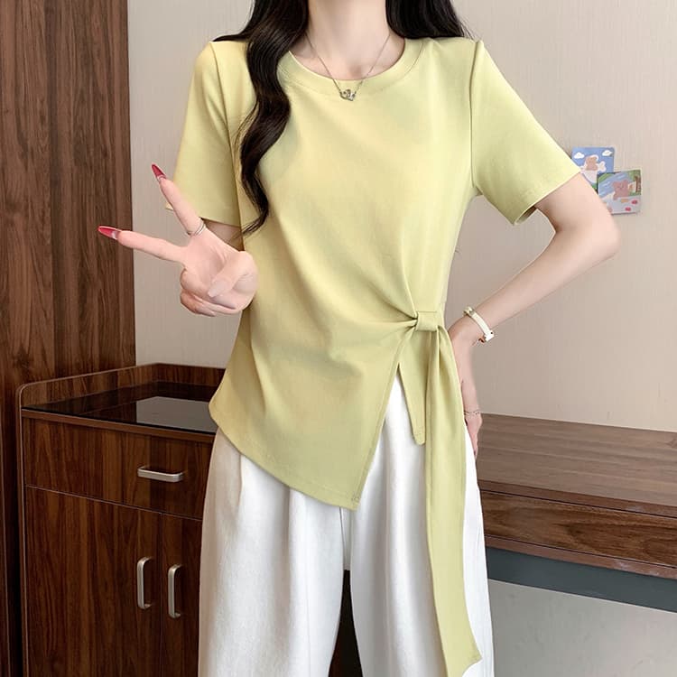 실사 2026 여름 드레스 새로운 지방 mm 빅 사이즈 여성 한 부서 품격 라운드 넥 불규칙 리본 긍정적 인 어깨 반팔 티셔츠 상세 이미지 17