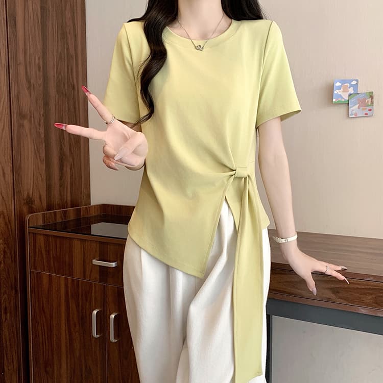 실사 2026 여름 드레스 새로운 지방 mm 빅 사이즈 여성 한 부서 품격 라운드 넥 불규칙 리본 긍정적 인 어깨 반팔 티셔츠 상세 이미지 20