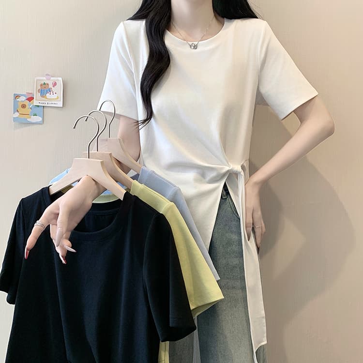 실사 2026 여름 드레스 새로운 지방 mm 빅 사이즈 여성 한 부서 품격 라운드 넥 불규칙 리본 긍정적 인 어깨 반팔 티셔츠 상세 이미지 22