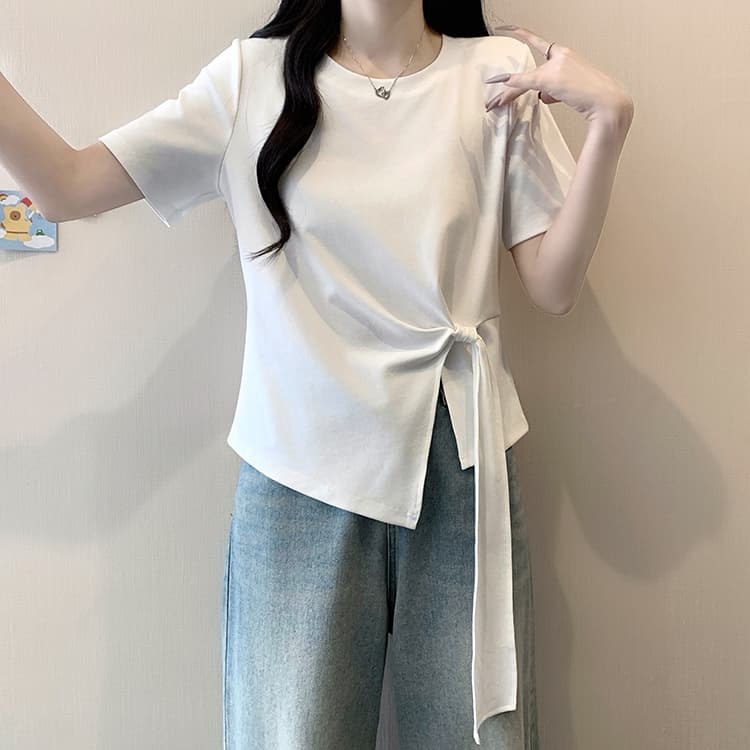 실사 2026 여름 드레스 새로운 지방 mm 빅 사이즈 여성 한 부서 품격 라운드 넥 불규칙 리본 긍정적 인 어깨 반팔 티셔츠 상세 이미지 25