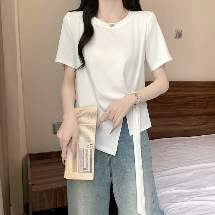 실사 2026 여름 드레스 새로운 지방 mm 빅 사이즈 여성 한 부서 품격 라운드 넥 불규칙 리본 긍정적 인 어깨 반팔 티셔츠 상세 이미지 26