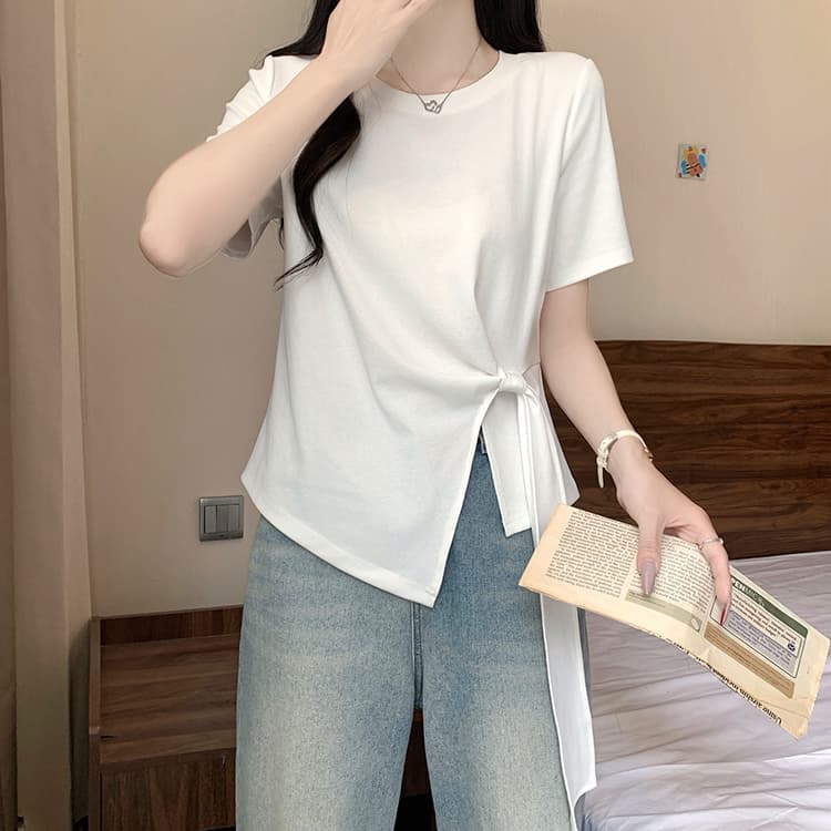 실사 2026 여름 드레스 새로운 지방 mm 빅 사이즈 여성 한 부서 품격 라운드 넥 불규칙 리본 긍정적 인 어깨 반팔 티셔츠 상세 이미지 27