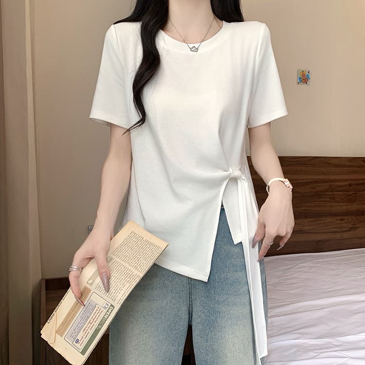 실사 2026 여름 드레스 새로운 지방 mm 빅 사이즈 여성 한 부서 품격 라운드 넥 불규칙 리본 긍정적 인 어깨 반팔 티셔츠 상세 이미지 28