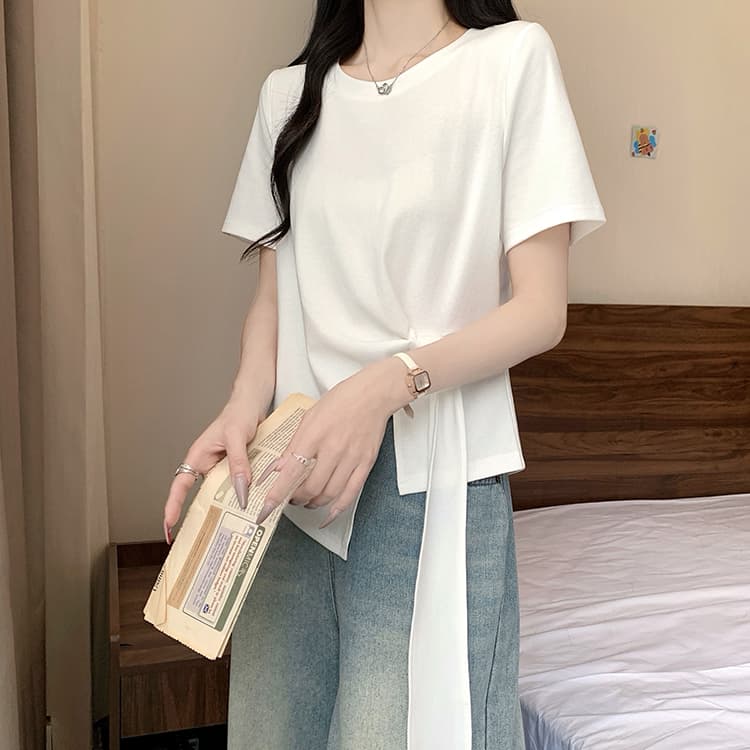 실사 2026 여름 드레스 새로운 지방 mm 빅 사이즈 여성 한 부서 품격 라운드 넥 불규칙 리본 긍정적 인 어깨 반팔 티셔츠 상세 이미지 29