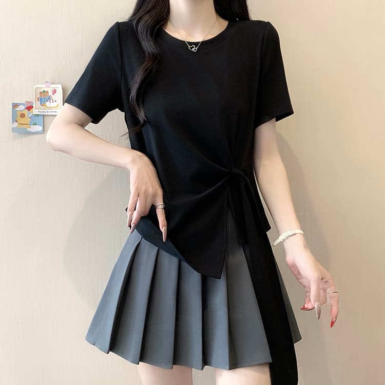 실사 2026 여름 드레스 새로운 지방 mm 빅 사이즈 여성 한 부서 품격 라운드 넥 불규칙 리본 긍정적 인 어깨 반팔 티셔츠 상세 이미지 32