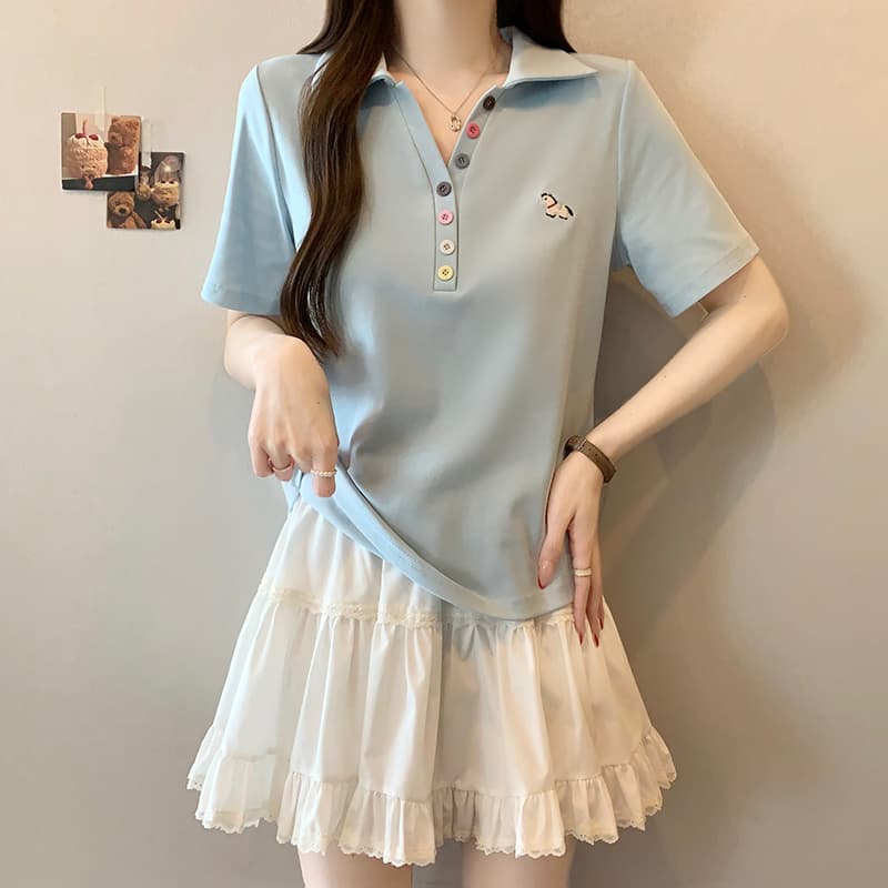 실사 2026 여름 드레스 새로운 지방 mm 빅 사이즈 여성 레저 무지개 단추 자수 작은 말 POLO 칼라 반팔 티셔츠 이미지 3