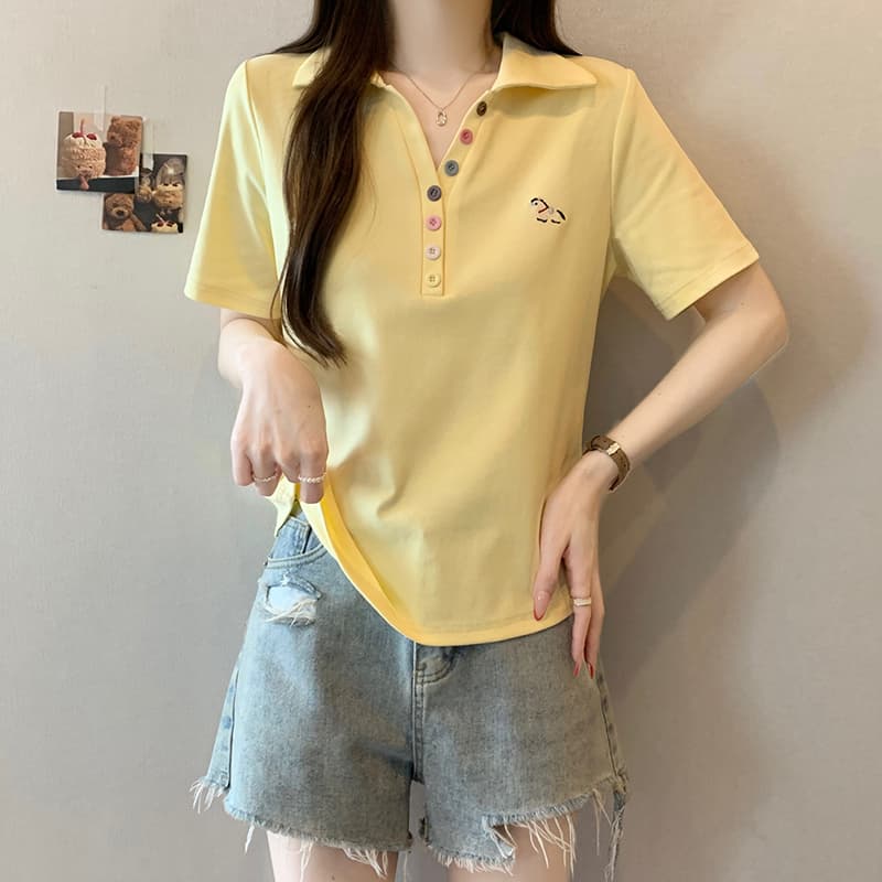 실사 2026 여름 드레스 새로운 지방 mm 빅 사이즈 여성 레저 무지개 단추 자수 작은 말 POLO 칼라 반팔 티셔츠 이미지 2
