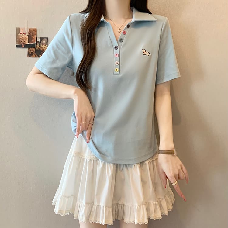 실사 2026 여름 드레스 새로운 지방 mm 빅 사이즈 여성 레저 무지개 단추 자수 작은 말 POLO 칼라 반팔 티셔츠 상세 이미지 4