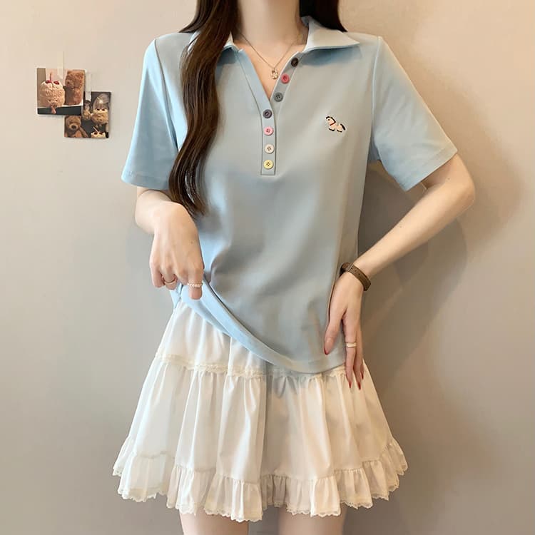 실사 2026 여름 드레스 새로운 지방 mm 빅 사이즈 여성 레저 무지개 단추 자수 작은 말 POLO 칼라 반팔 티셔츠 상세 이미지 5