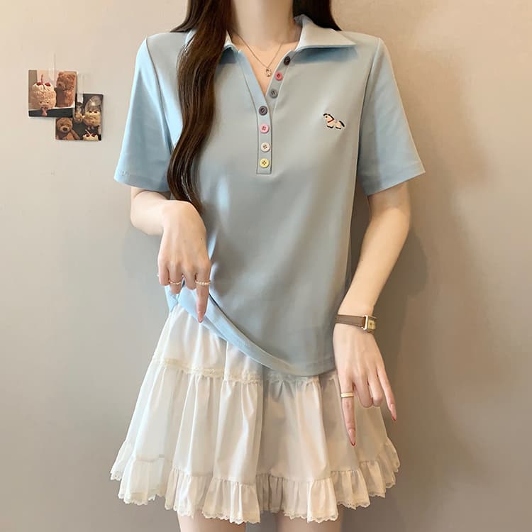 실사 2026 여름 드레스 새로운 지방 mm 빅 사이즈 여성 레저 무지개 단추 자수 작은 말 POLO 칼라 반팔 티셔츠 상세 이미지 6